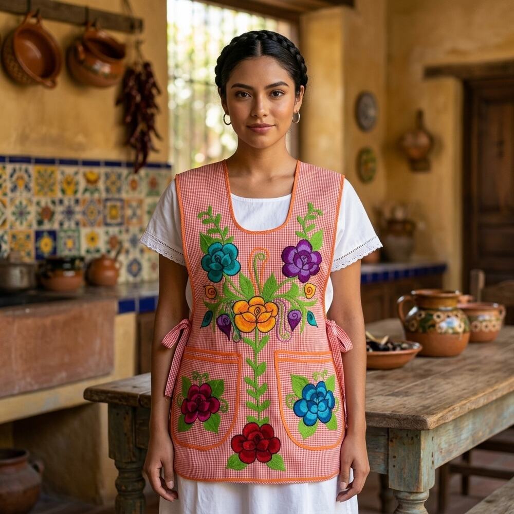 Mexican Embroidered Smock Apron – Floral Traditional Design 28 X 19 IN
